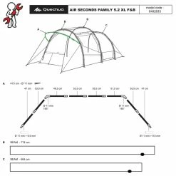Quechua Air Seconds Fresh & Black, Inflatable Waterproof Family Camping Tent, 5 Person 2 Room Hiking Clothing