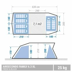 Hiking Clothing Quechua Air Seconds Fresh & Black, Inflatable Waterproof Family Camping Tent, 6 Person 2 Room
