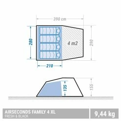 Quechua Air Seconds Fresh & Black, Inflatable Waterproof Family Camping Tent, 4 Person