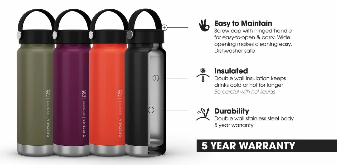 Quechua, Double Wall Insulated Wide Mouth Stainless Steel Water Bottle, 25oz