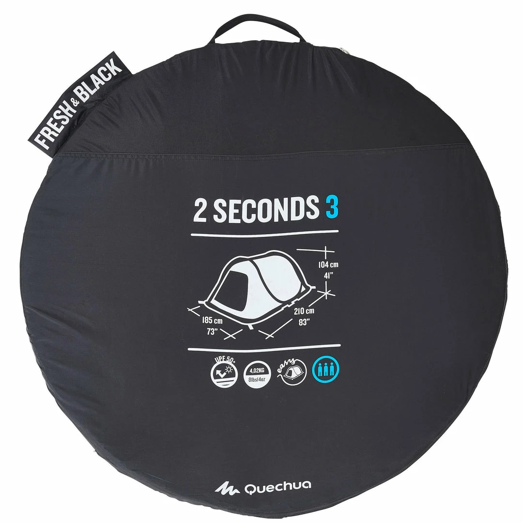 Quechua 2 Second Fresh & Black, Waterproof Pop Up Camping Tent, 3 Person